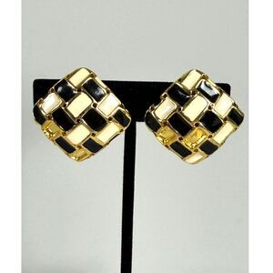 Vintage Black & White Enamel Gold Tone Mosaic Clip-On Statement Earrings